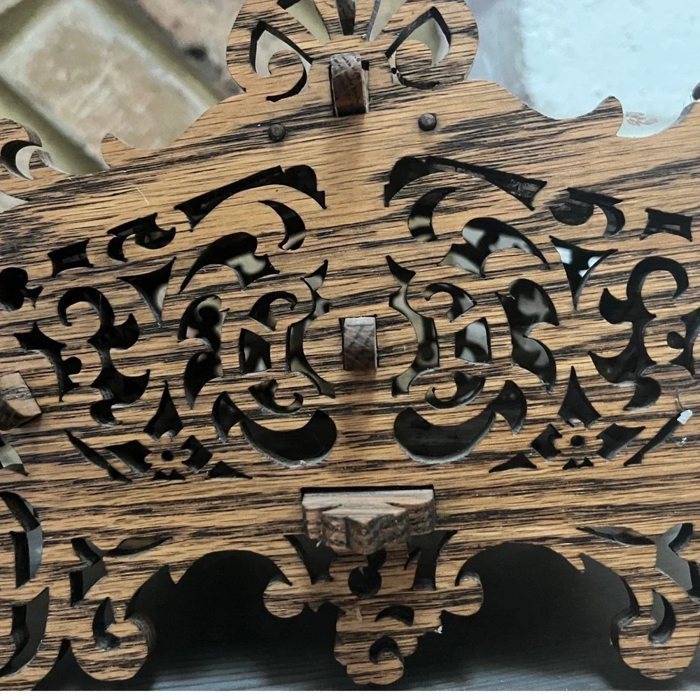 Folk art Handmade fretwork wooden basket hinged compartments‎ signed